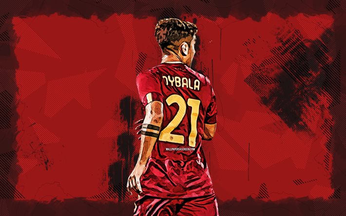 4k, Paulo Dybala, red grunge background, AS Roma, back view, soccer, Serie A, argentinean footballers, Paulo Dybala 4K, Roma FC, Dybala, grunge art, football, Paulo Dybala Roma