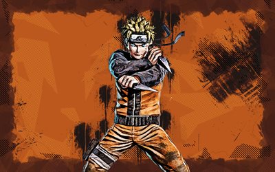 4k, uzumaki naruto, grunge  kunst, naruto  charaktere, sharingan, naruto, orangefarbener grunge  hintergrund, manga, samurai, naruto uzumaki