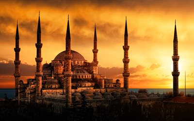 Blue Mosque, 4k, Istanbul landmarks, Sultan Ahmed Mosque Istanbul, turkish landmarks, Turkey, HDR, Istanbul cityscape, Istanbul landmark