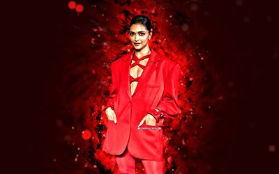 4k, deepika padukone, luces de neón rojo, actriz india, bollywood, estrellas de cine, obra de arte, imagen con deepika padukone, fondo abstracto rojo, celebridad india, deepika padukone 4k