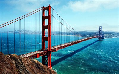 Golden Gate Bridge, 4k, summer, red bridge, american landmarks, american tourist attractions, San Francisco, USA, HDR, America, Golden Gate Bridge panorama