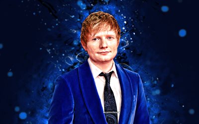 Ed Sheeran, 4k, blue neon lights, superstars, british singer, music stars, british celebrity, Edward Christopher Sheeran, blue abstract background, Ed Sheeran 4K