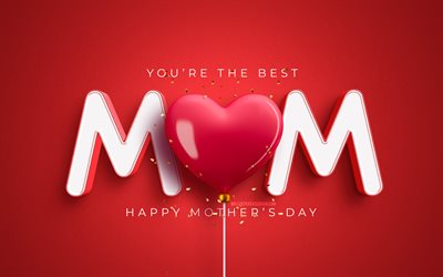 feliz día de la madre, 4k, corazón 3d rosa, obra de arte, día de la madre, creativo, arte 3d, concepto del día de la madre