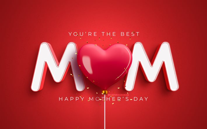 hyvää äitienpäivää, 4k, vaaleanpunainen 3d  sydän, taideteos, äitien päivä, luova, 3d  taide, äitien päivän konsepti