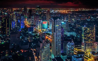 thailand, bangkok, panorama, nattljus, skyskrapor, krung thep
