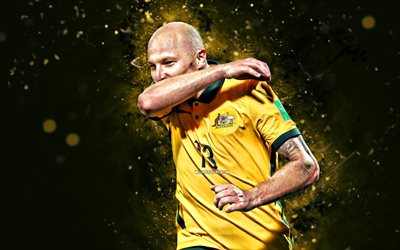 aaron mooy, 4k, luzes de neon amarelo, equipe de futebol nacional da austrália, futebol, jogadores de futebol, antecedência abstrata amarela, time de futebol australiano, aaron mooy 4k
