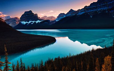 alberta, 4k, riflessione, autunno, laghi blu, hdr, punti di riferimento canadesi, montagne, foresta, banff national park, concetti di viaggio, canada, banff