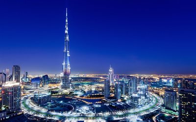 burj khalifa, emirados árabes unidos, arranha-céus, panorama, noite, dubai
