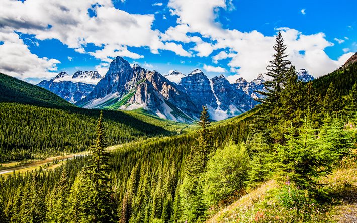 Johnston Canyon, bosque, verano, nubes, montañas, HDR, Alberta, Canadá, el Parque Nacional de Banff