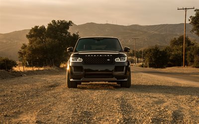 Range Rover Sport, 2016, SUV, yol, Gün batımı, Vorsteiner, tuning, lüks arabalar, siyah Range Rover