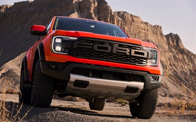 Ford Ranger Raptor, 4k, front view, 2023 cars, offroad, exterior, Red Ford Ranger Raptor, 2023 Ford Ranger Raptor, american cars, Ford