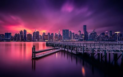 new york city, karmiininpunainen auringonlasku, laituri, horisontti kaupunkimaisemat, modernit rakennukset, amerikkalaiset kaupungit, pilvenpiirtäjät, new yorkin horisontti, new yorkin kaupunkikuva, usa