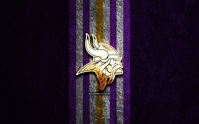 Minnesota Vikings golden logo, 4k, violet stone background, NFL, american football team, Minnesota Vikings logo, american football, Minnesota Vikings