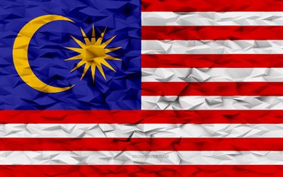 علم ماليزيا, 4k, 3d المضلع الخلفية, 3d المضلع الملمس, العلم الماليزي, يوم ماليزيا, 3d علم ماليزيا, الرموز الوطنية الماليزية, فن ثلاثي الأبعاد, ماليزيا, دول آسيا