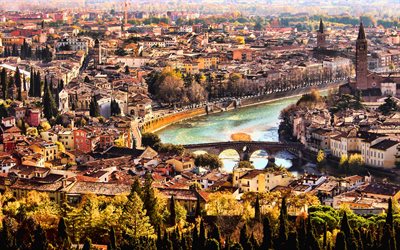 verona, 4k, tarde, río adige, roman ponte pietra, verano, puesta de sol, panorama de verona, paisaje urbano de verona, véneto, italia