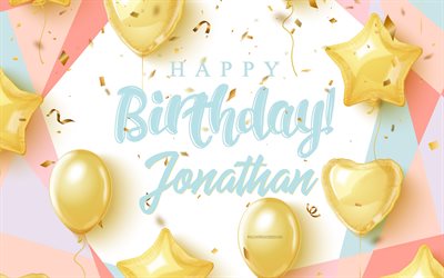 ジョナサンお誕生日おめでとう, 4k, 金の風船で誕生の背景, ジョナサン, 3 d の誕生日の背景, ジョナサンの誕生日, 金の風船