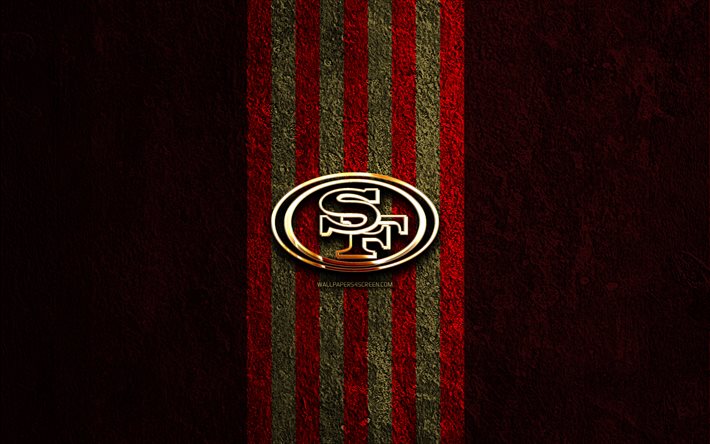 サンフランシスコ・フォーティーナイナーズの金色のロゴ, 4k, 赤い石の背景, nfl, アメリカン フットボール チーム, サンフランシスコ・フォーティーナイナーズのロゴ, アメリカンフットボール, サンフランシスコ・49ers