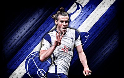 Gareth Bale, 4k, blue grunge background, Tottenham Hotspur FC, soccer, diagonal lines, Premier League, Welsh football players, Gareth Bale Tottenham Hotspur, football, Gareth Bale 4K