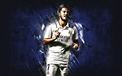 Eden Hazard, Real Madrid, Belgian football player, blue stone background, football, La Liga, Spain, grunge art