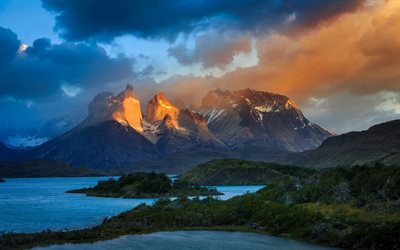 south america, andes, mountains, chile, the lake, dawn, patagonia