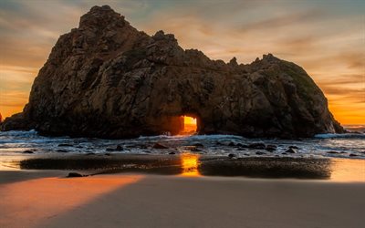 california, big sur, beach pfeiffer, dawn, the ocean, shore, rock, usa