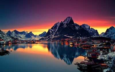 noruega, pôr do sol, noite, lofoten, ilhas lofoten, mar da noruega