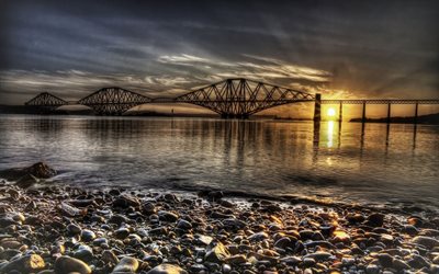 puente de metal, puesta de sol, el puente de la bahía
