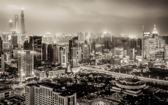 고층 빌딩, 밤, 중국, 상하이, huangpu