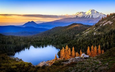 castle lake, mt shasta, the beauty of the planet, wildlife, forest, the lake, mountains, dawn, heart lake