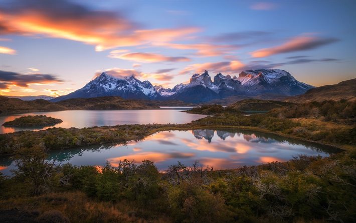 kallio, vuoristomaisema, järvi, aamu, etelä-amerikka, chile, aamunkoitto, patagonia, andit