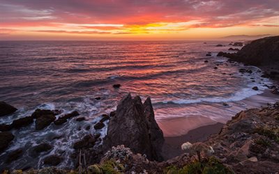 estados unidos, la costa, el océano pacífico, puesta de sol, noche, california