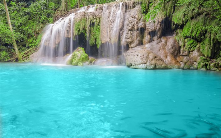 thailand, waterfall, blue lake, forest