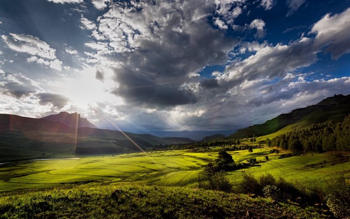 south africa, the province of kwazulu-natal, green fields, valley, clouds, the sky, kwa-zulu natal