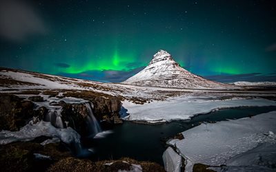a la montaña, al norte, el volcán, la noche, islandia, luces del norte, kirkjufell
