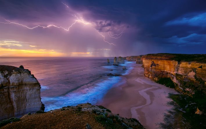 lightning, the ocean, australia, rock, coast