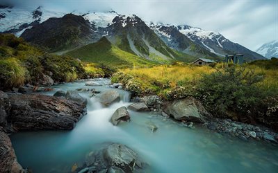 rivière de montagne, nouvelle-zélande, de rock, de montagnes, de brouillard, de l'île du sud