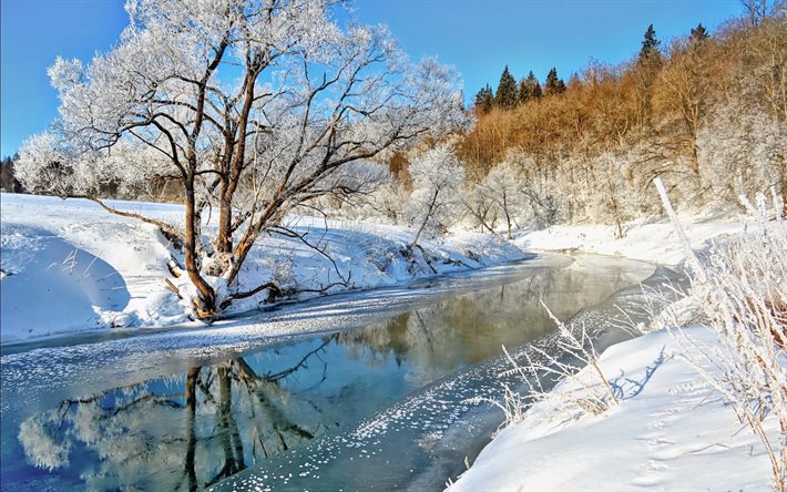 winter landscape, snow, river, winter, ice