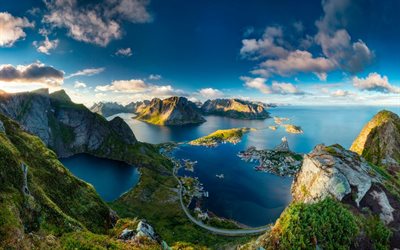 mountains, rock, summer, islands, norway, sea, plant