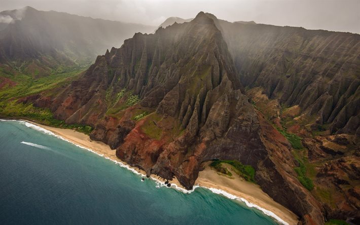 hawaii, havet, kusten, klippan, kauai