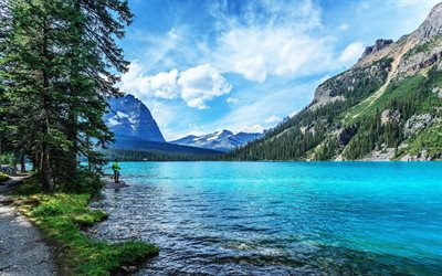 fisherman, blue lake, mountains, rock