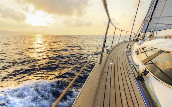 coucher de soleil, la mer, le blanc yacht à voiles