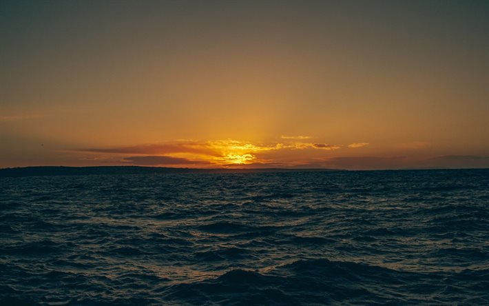 sea, evening, horizon, sunset, wave