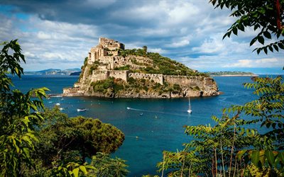 havsö, fästning, italien, öppet hav, ön ischia, aragonesiskt slott