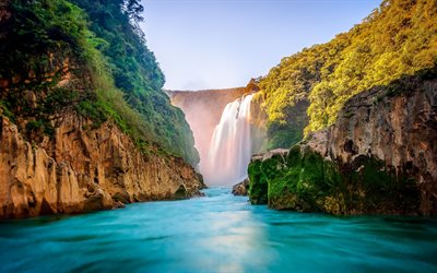 river, beautiful waterfall, blue water, beautiful scenery