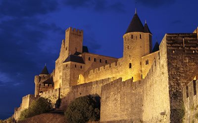 slott, carcassonne, natt, frankrike, natthimlen