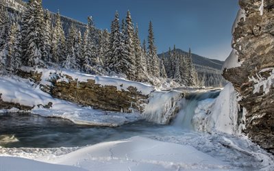 winter, waterfall, snow, forest, river