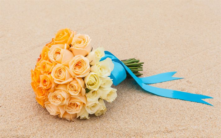 rosas laranja, praia, buquê de casamento, areia, flores