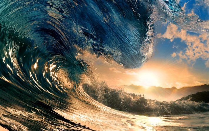 l'oceano, onda, il tramonto, la cresta di un'onda, l'evento