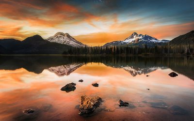 evening, usa, the lake, pacificwest, sunset, portland, or, mountains, sparks lake