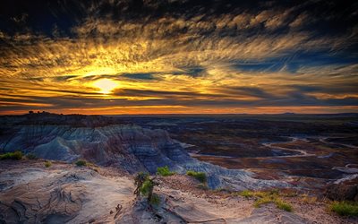 canyon, le ciel, la vallée, le rock, coucher de soleil, forêt pétrifiée, etats-unis, en arizona